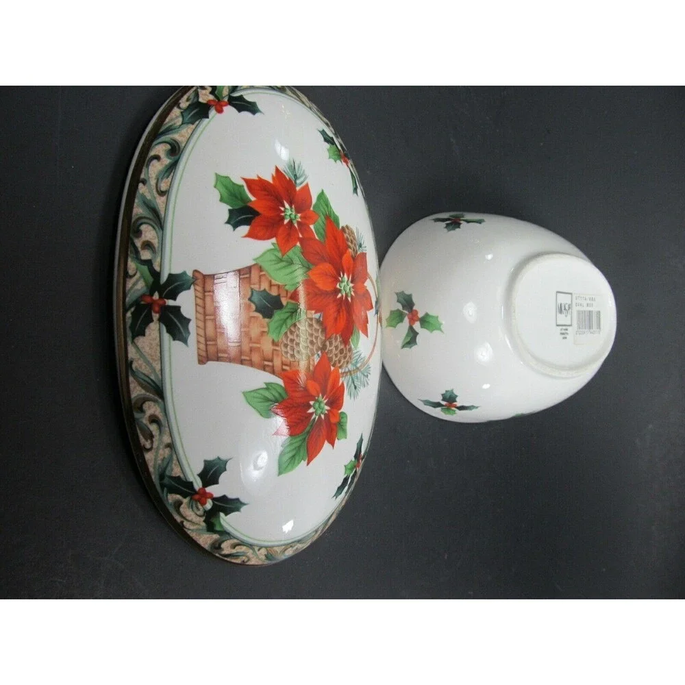 Mikasa Christmas Poinsettia Basket Covered Oval Trinket Box